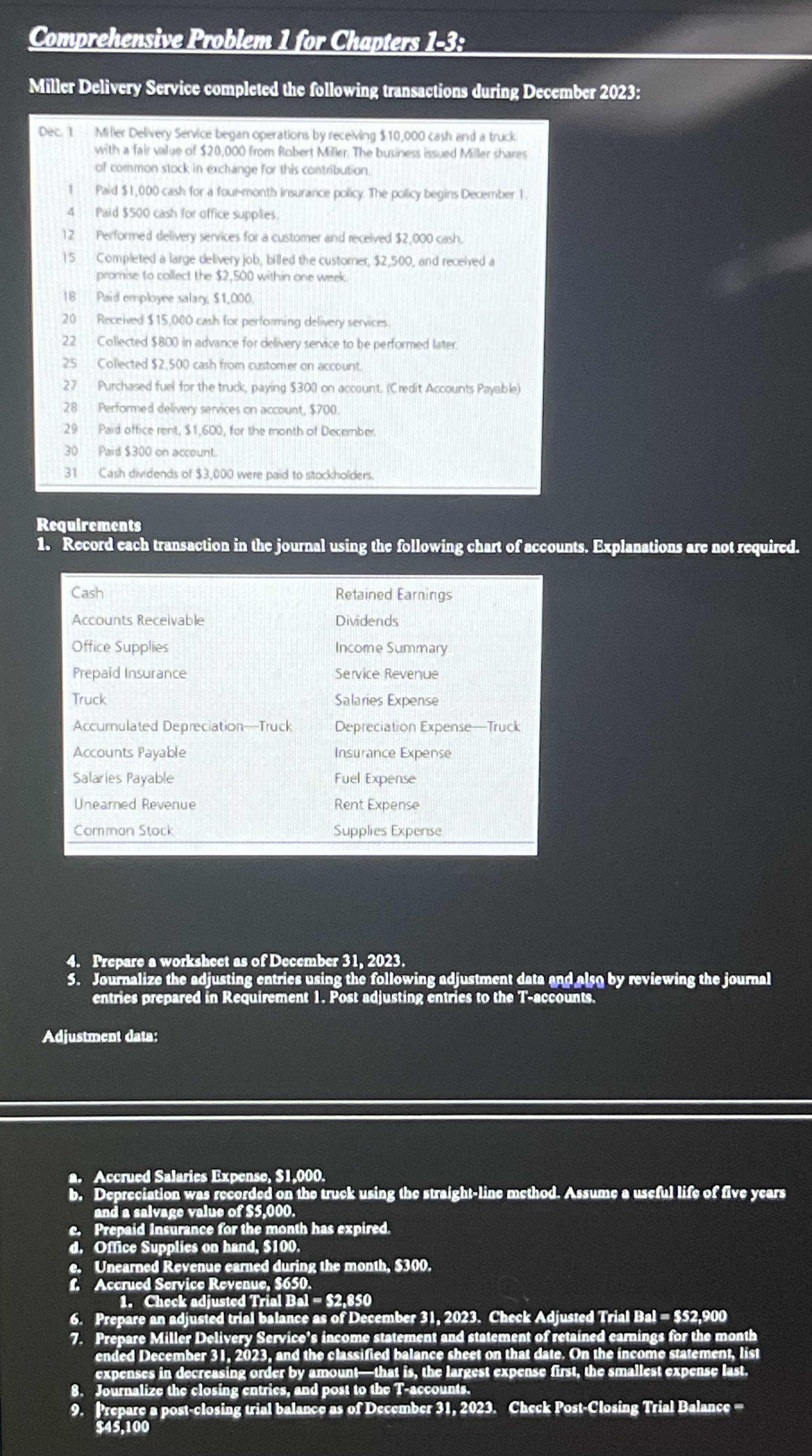  Comprehensive Problem 1 for Chapters 2-3; Miller Delivery Service completed the