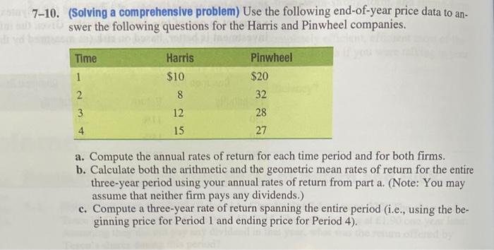 -10. (Solving a comprehensive problem) Use the following end-of-year price data