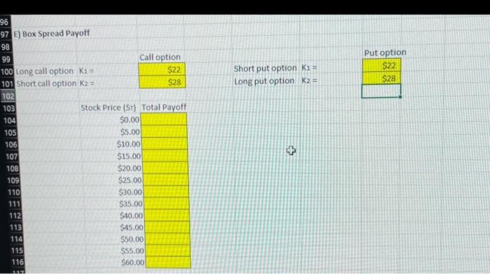 how to do in excel E) Box Spread Payoff E) Consider buying