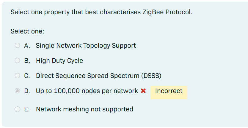  Select one property that best characterises ZigBee Protocol. Select one: A.
