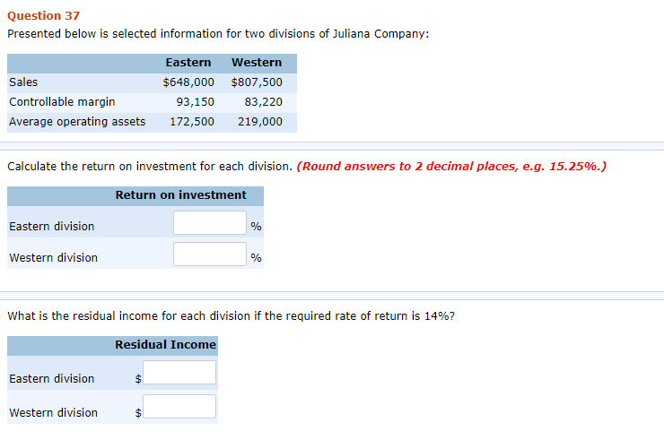  Question 37 Presented below is selected information for two divisions of