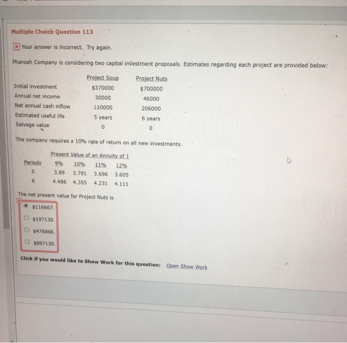  Multiple Choice Question 113 x Your answer is incorrect. Try again.