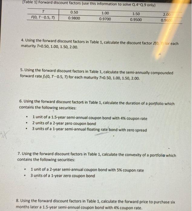  [Table 1) Forward discount factors (use this information to solve 0.4-0.9