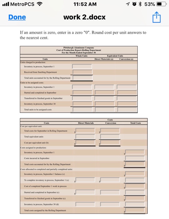 Data for Two Months; Cost of Production Reports Pittsburgh Aluminum Company uses