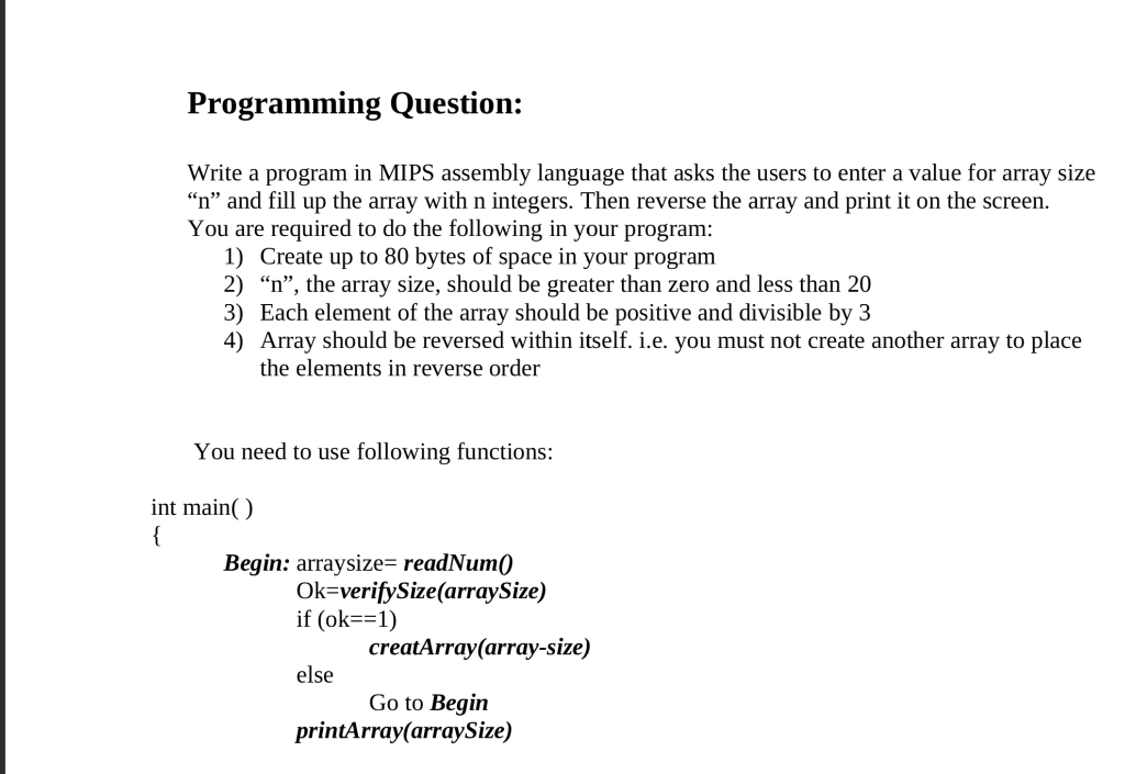 in the mips language following the exact structure Programming Question: Write a