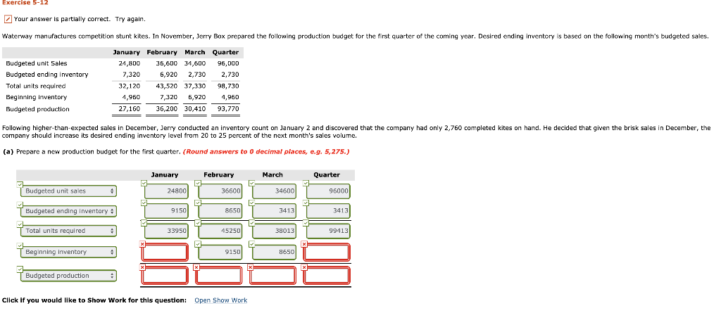 Exercise 5-12 Your answer is partially correct. Try again. Waterway manufactures