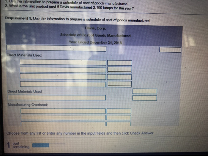 lamp manufacturer, provided the foliwing information for the year ended December 31,