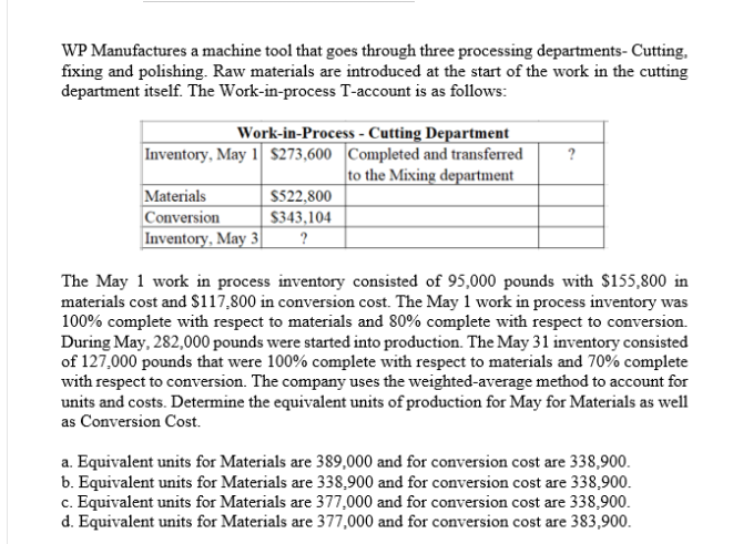  WP Manufactures a machine tool that goes through three processing departments-Cutting,