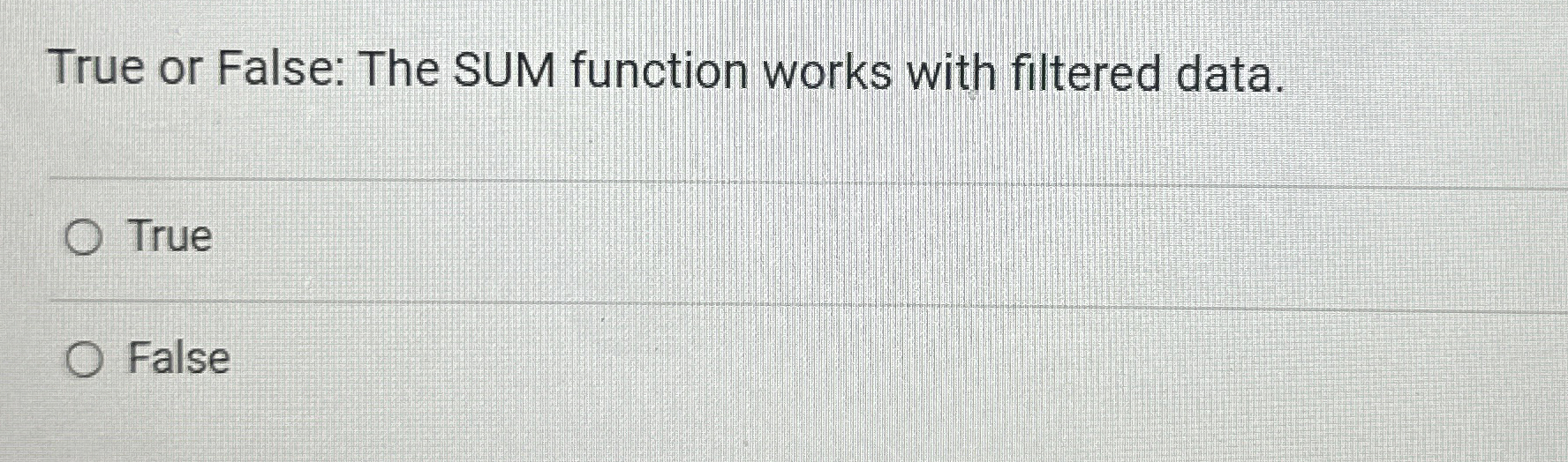  True or False: The SUM function works with filtered data. True