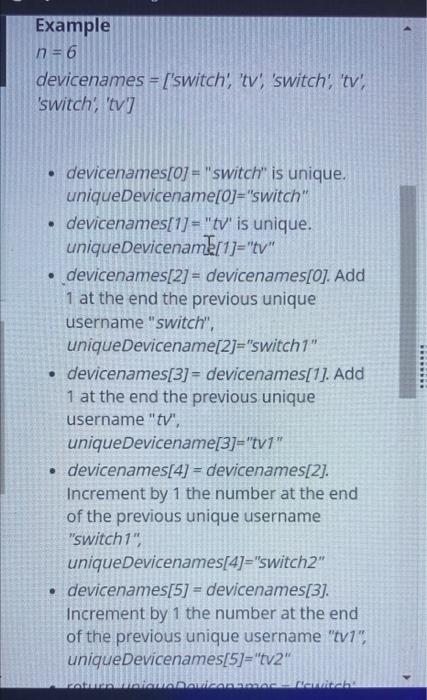function header ONLY! function deviceNamesSystem(devicenames) { //Write your code here } picture