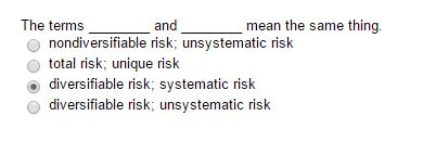 The terms and mean the same thing. nondiversifiable risk; unsystematic risk