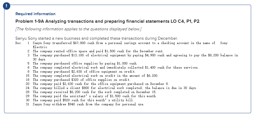 Required information Problem 1-9 A Analyzing transactions and preparing financial statements