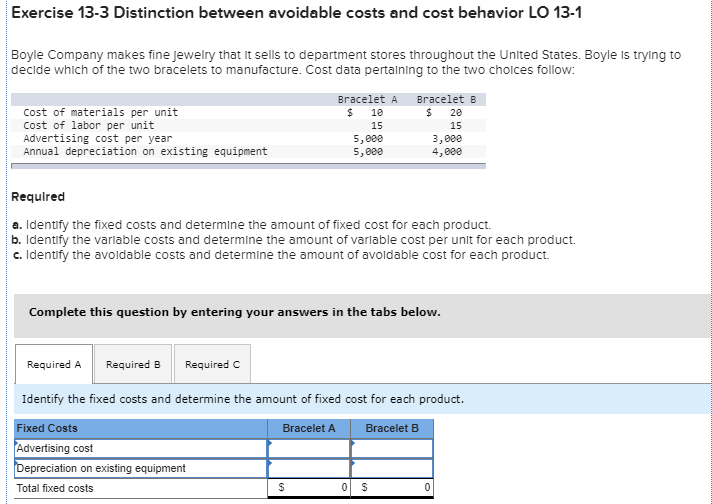Exercise 13-3 Distinction between avoidable costs and cost behavior LO 13-1