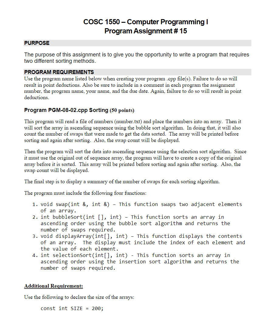 in c++ COSC 1550 - Computer Programming I Program Assignment \# 15