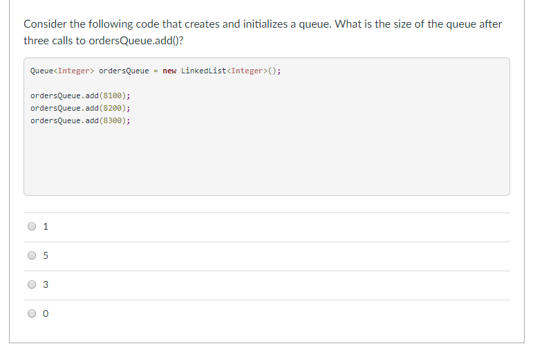 A) B) C) Consider the following code that creates and initializes a