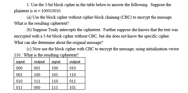 1. Use the 3-bit block cipher in the table below to