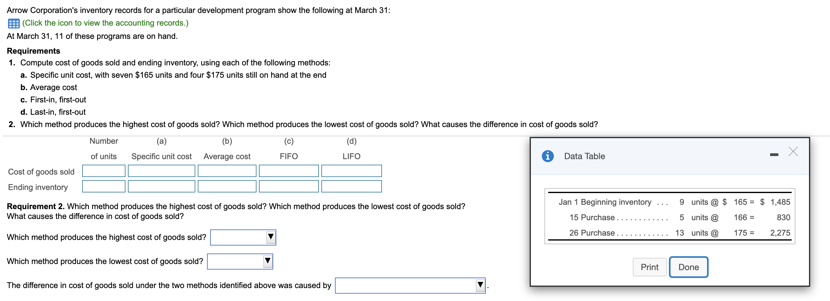 Arrow Corporation's inventory records for a particular development program show the