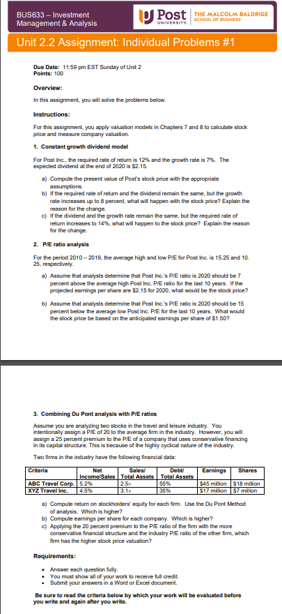  Unit 2.2 Assignment: Individual Problems \#1 Due Date: 11:59 pm EST
