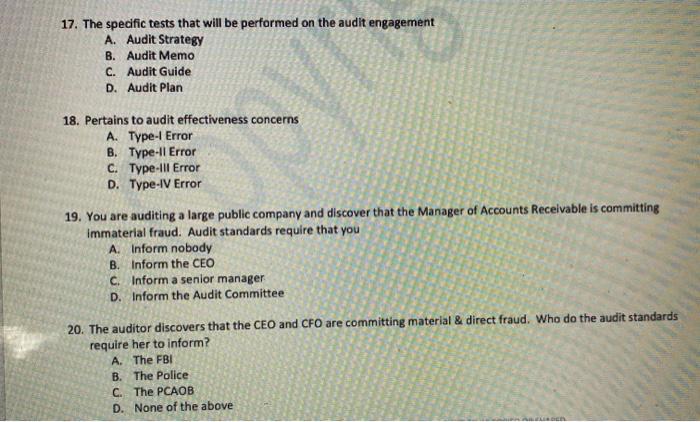  17. The specific tests that will be performed on the audit