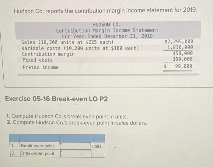  Hudson Co. reports the contribution margin income statement for 2019. HUDSON