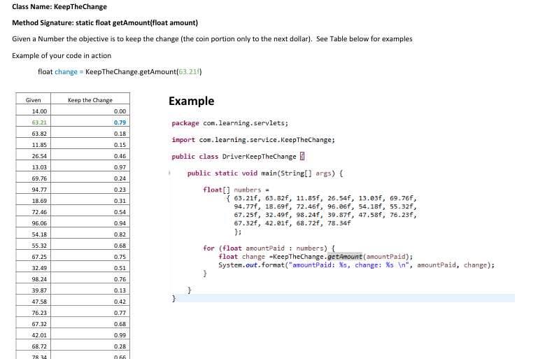  Class Name: KeepTheChange Method Signature: static float getAmount(float amount) Given a