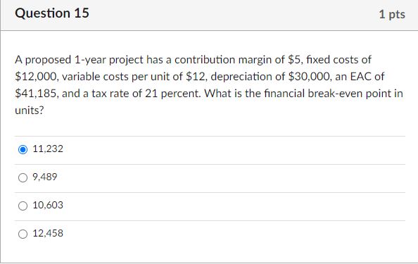  Question 15 A proposed 1-year project has a contribution margin of