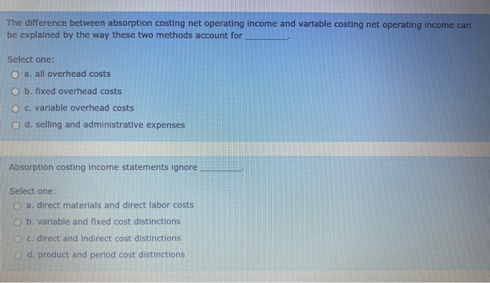  The difference between absorption costing net operating Income and variable costing