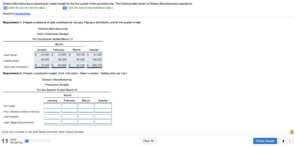  Dickson Manufacturing is preparing ils master budget for the first quarter