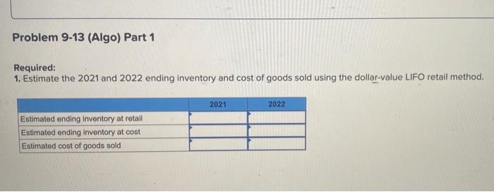 Thank you!! of 3 Required information Problem 9-13 (Algo) Retail inventory method;