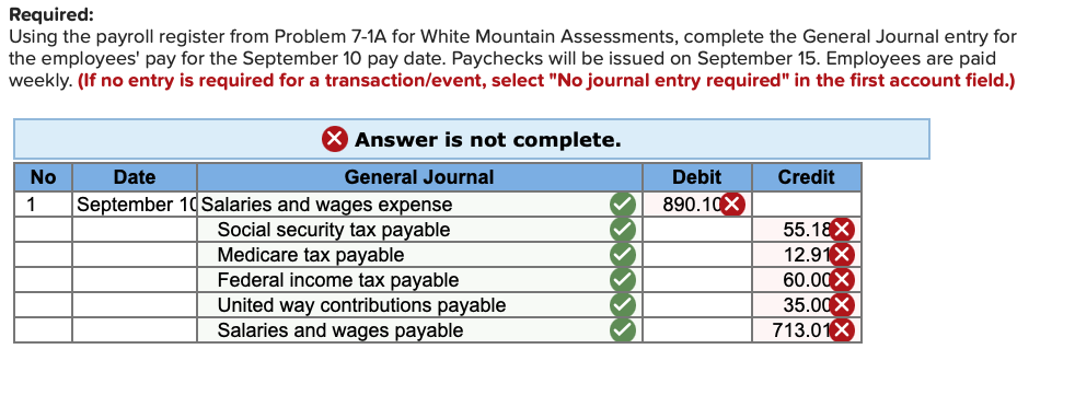 Assessments, complete the General Journal entry for the employees' pay for the