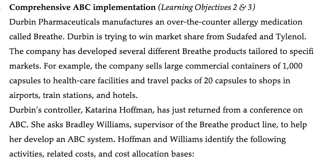 Comprehensive ABC implementation (Learning Objectives 2 & 3) Durbin Pharmaceuticals manufactures