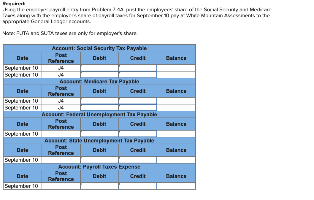 the payroll register from Problem 7-1A for White Mountain Assessments, complete the
