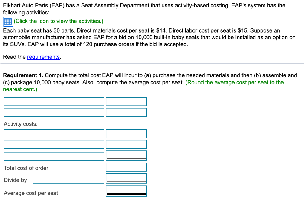 purchase order Assembling Number of parts Packaging Number of finished seats Allocation