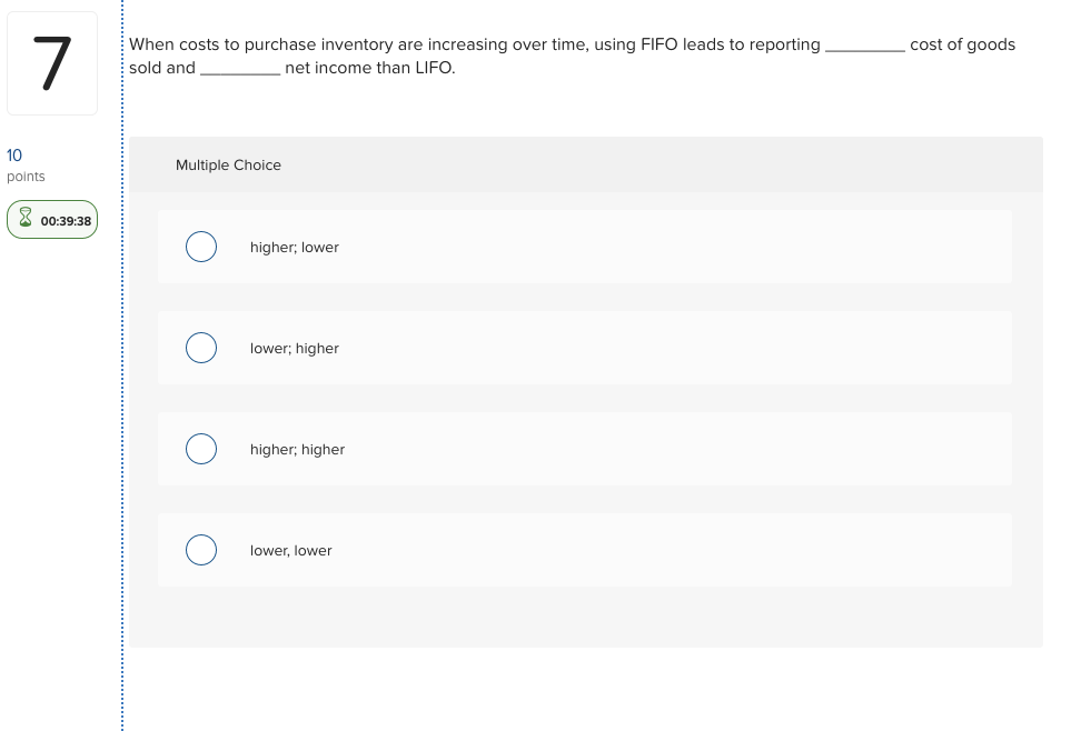 When costs to purchase inventory are increasing over time, using FIFO