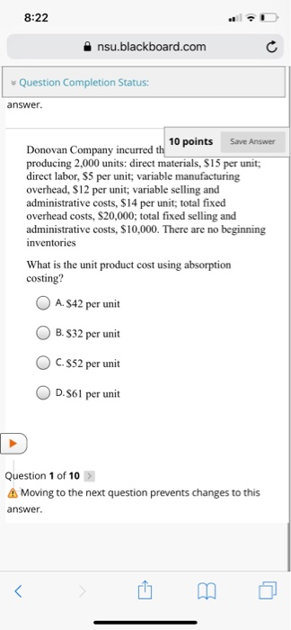  Horngre 8:22 nsu.blackboard.com v Question Completion Status: answer. 10 points Save