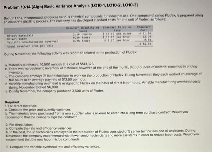 Problem 10-14 (Algo) Basic Variance Analysis [LO10-1, LO10-2, LO10-3] Becton Labs,