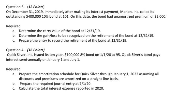  Question 3 - (12 points) On December 31, 2019, immediately after