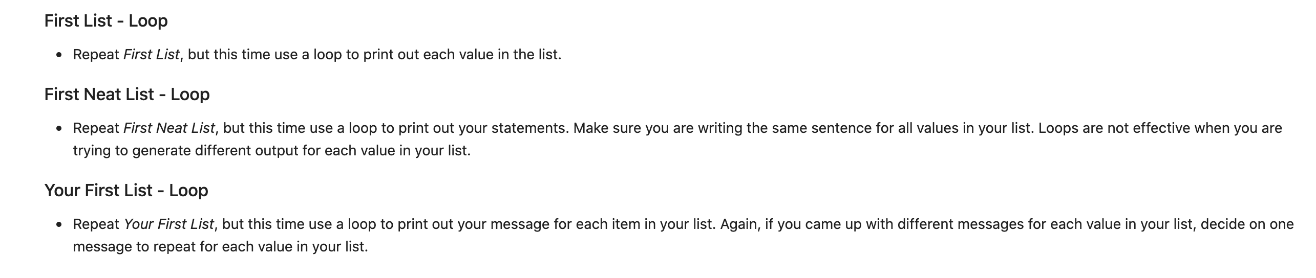 'java' in a list. Print each of these values out, using their