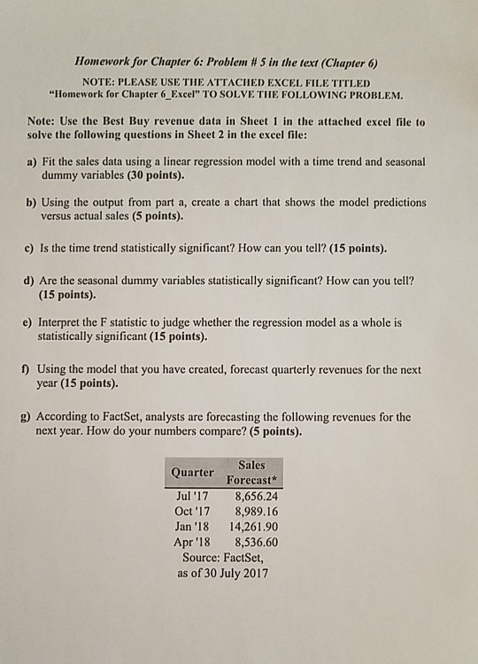 please show all work in excel. Homework for Chapter 6: Problem