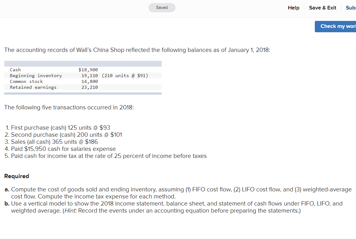 Need help solving this chart Saved Help Save & Exit Sub Check