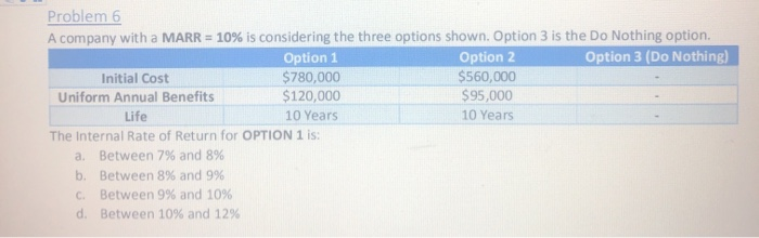  Problem 6 A company with a MARR = 10% is considering