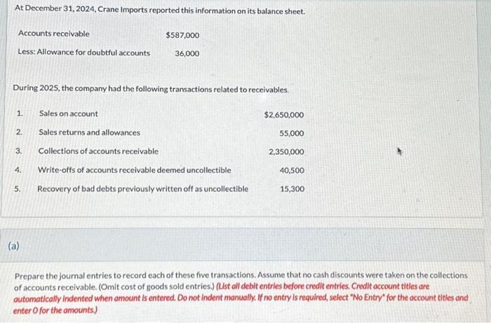  Enter the January 1,2025, balances in Accounts Receivable and Allowance for