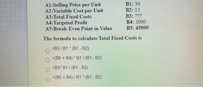  Al:Selling Price per Unit A2:Variable Cost per Unit A3: Total Fixed