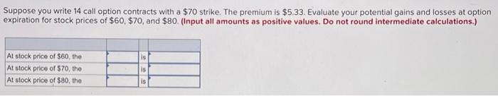  Suppose you write 14 call option contracts with a $70 strike.