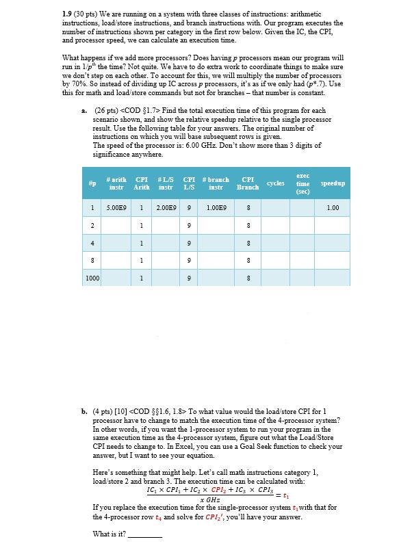 Please explain answer 1.9 (30 pts) We are running on a