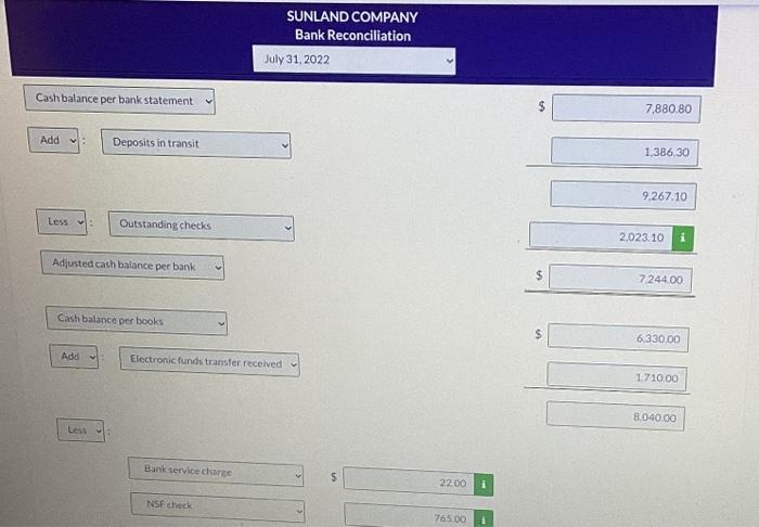 2022, Sunland Company had a cash balance per books of $6,330.00. The