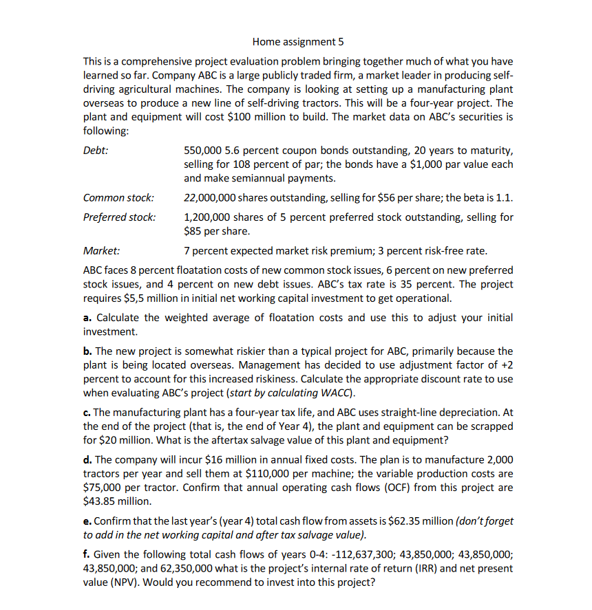  This is a comprehensive project evaluation problem bringing together much of