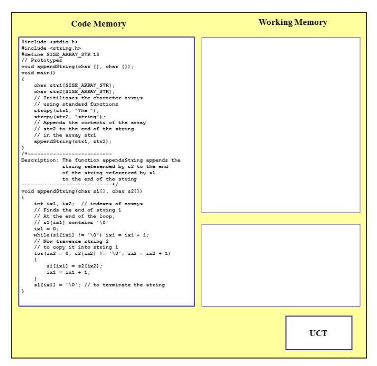 C program composed of two functions, main and appendstring (this function is