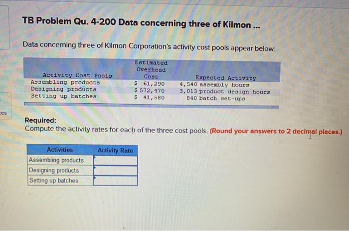  TB Problem Qu. 4-200 Data concerning three of Kilmon ... Data