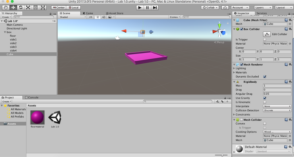 Unity gaming question- why won't the cube collide and fall into the